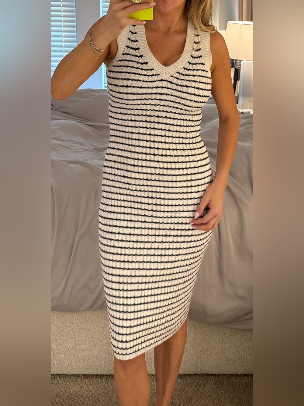 Abercrombie & Fitch White and Black Striped Knit Midi Dress v neck sweater